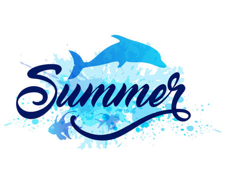 Abstract summer marine background with silhouette of blue dolphin and letteringのイラスト素材