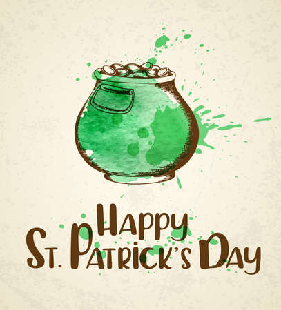 Pot of gold and green watercolor blots. Vintage greeting card for St. Patrick's dayのイラスト素材
