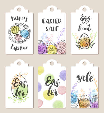 Set of white Easter tags for holiday sale with watercolor texturesのイラスト素材