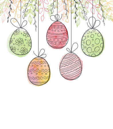 Decorative Easter greeting card with eggs and green leaves. Hand drawn vector illustration.のイラスト素材