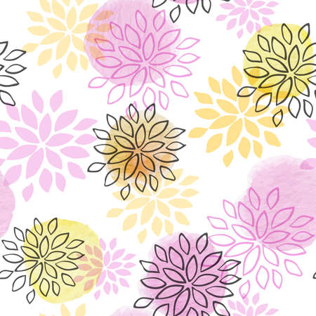 Abstract floral seamless pattern with watercolor blots and flowers on a white backgroundのイラスト素材
