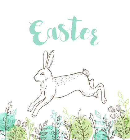 Decorative Easter greeting card with green leaves and rabbit. Hand drawn vector illustration.のイラスト素材