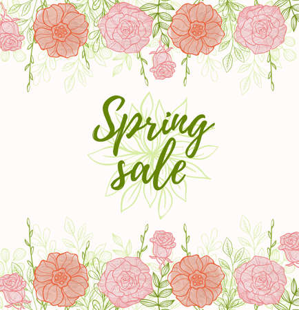 Decorative floral background for spring sale with pink flowers and green leavesのイラスト素材