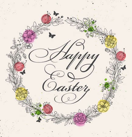 Vintage greeting card for Easter with floral frame. Hand drawn vector illustration with watercolor elements.のイラスト素材