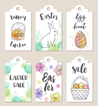 Set of hand drawn Easter tags for holiday sale with watercolor texturesのイラスト素材
