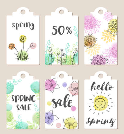 Set of hand drawn tags for spring sale with watercolor textures and flowersのイラスト素材