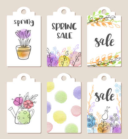 Set of hand drawn tags for spring sale with watercolor textures and flowersのイラスト素材
