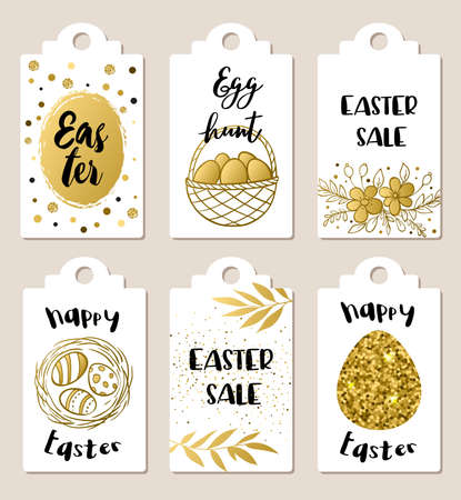 Set of golden glitter Easter tags for holiday saleのイラスト素材