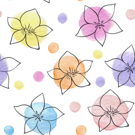 Hand drawn abstract floral seamless pattern with watercolor blots and flowersのイラスト素材