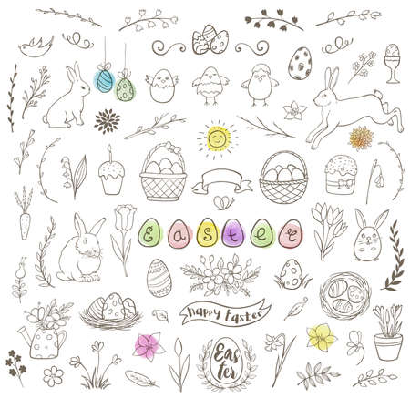 Set of decorative hand drawn Easter doodle elements for design. Vector kit.のイラスト素材