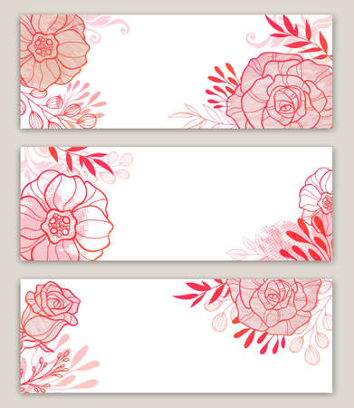 Set of decorative banners with pink flowers and leaves on a white backgroundのイラスト素材