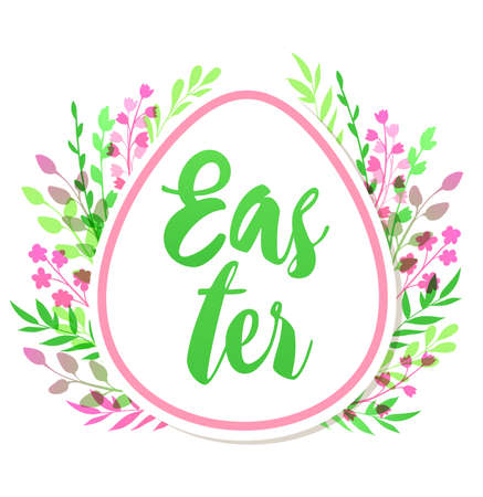 Decorative greeting card for Easter with pink and green flowers on a white backgroundのイラスト素材