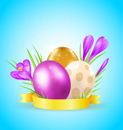 Easter card with eggs and violet crocuses on a blue backgroundのイラスト素材