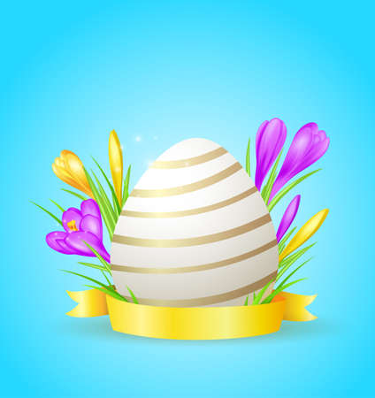 Easter card with egg and crocuses on a blue backgroundのイラスト素材