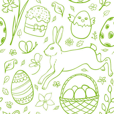 Hand drawn Easter seamless pattern with rabbit on a white backgroundのイラスト素材