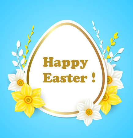 Easter greeting card with white and yellow flowers on a blue backgroundのイラスト素材