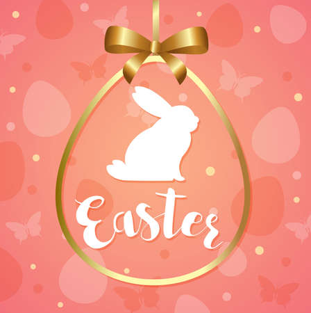 Decorative Easter greeting card with silhouette of white rabbit in golden frame.のイラスト素材