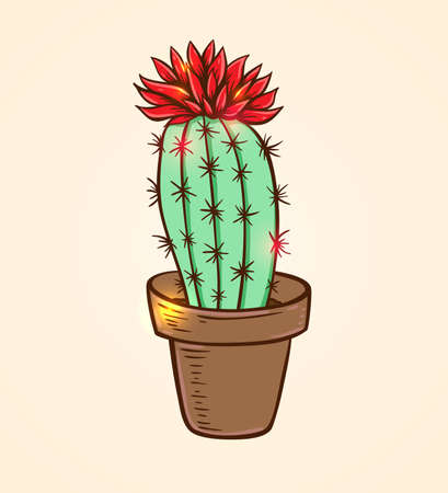 Blooming red cactus in a flowerpot. Hand drawn vector illustration.のイラスト素材