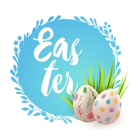 Easter card with eggs and green grass on a blue backgroundのイラスト素材