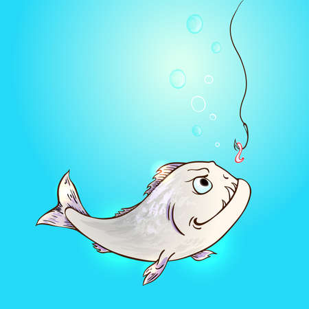 Piranha fish and worm on hook in a blue water. Hand drawn vector illustration.のイラスト素材