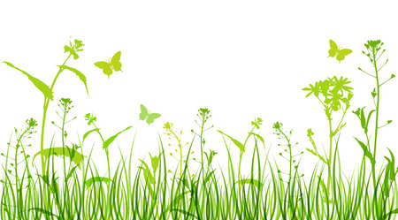Green floral background with silhouettes of flowers and grassのイラスト素材