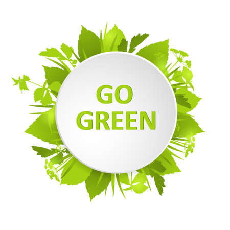 Abstract green eco banner with leaves, grass and lettering. Vector illustration.のイラスト素材