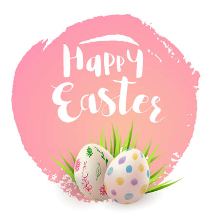 Easter card with eggs and green grass on a pink backgroundのイラスト素材