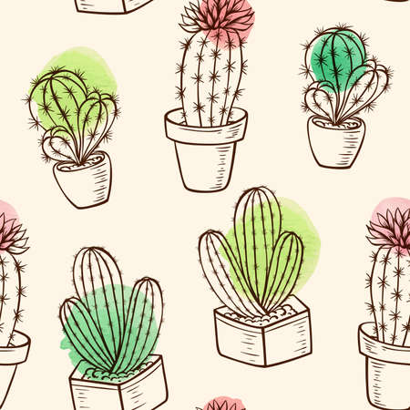 Vintage vector seamless pattern with cactus in flowerpot and watercolor blotsのイラスト素材