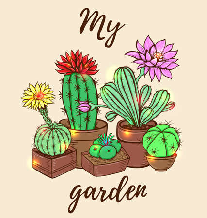 Blooming cactus in a flowerpot. Hand drawn vector illustration.のイラスト素材