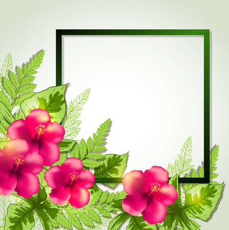Summer frame with red tropical flowers and leaves. Vector illustration.のイラスト素材