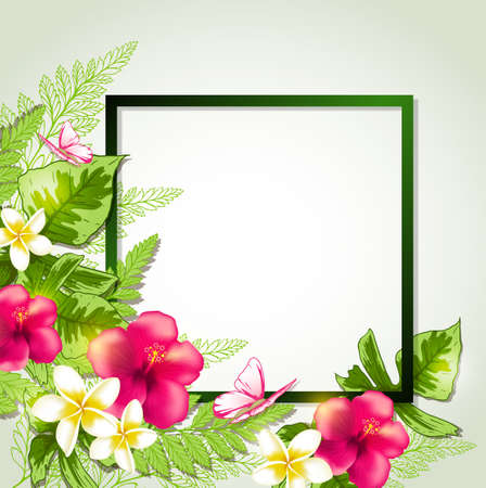 Summer frame with red tropical flowers, butterflies and leaves. Vector illustration.のイラスト素材