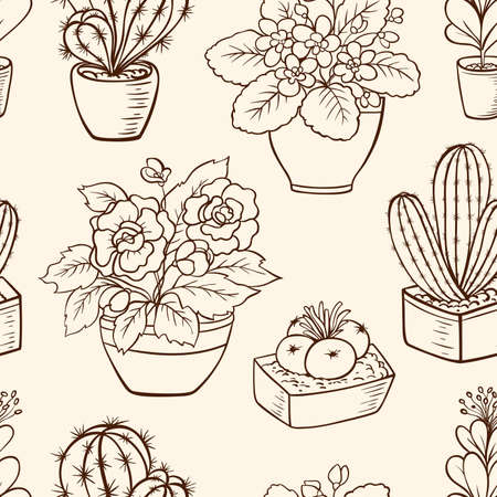 Vintage vector seamless pattern with houseplants in flowerpotのイラスト素材