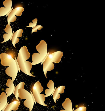 Golden shining butterflies on a black background.のイラスト素材
