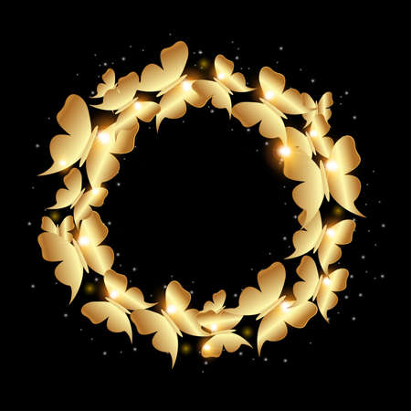 Frame of golden shining butterflies on a black background.のイラスト素材