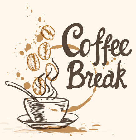 Cup of coffee, coffee beans and lettering. Hand drawn vector background in vintage style.のイラスト素材
