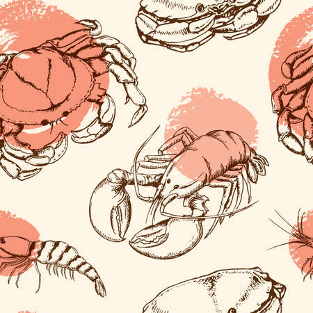 Vector vintage seamless pattern with crab, shrimp and lobsterのイラスト素材