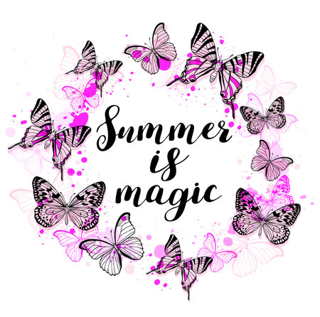 Summer abstract background with pink butterflies and lettering "Summer is magic"のイラスト素材