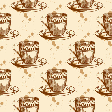 Vintage vector seamless pattern with cup of coffeeのイラスト素材