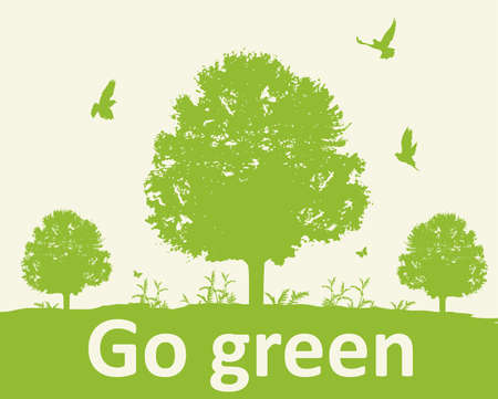 Green background with tree and birds. Ecology concept. Go green lettering.のイラスト素材