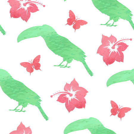 Tropical vector seamless pattern with red flowers, butterflies and toucan birdのイラスト素材