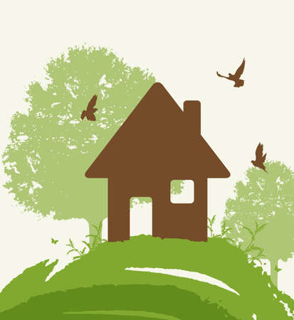 Background with green tree, birds and house. Eco-friendly house concept.のイラスト素材