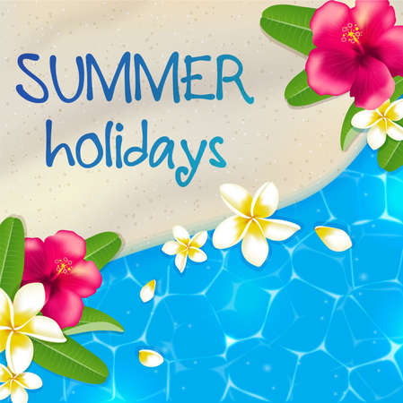 Sandy beach and blue sea water. Tropical vector background with red flowers and leaves.のイラスト素材
