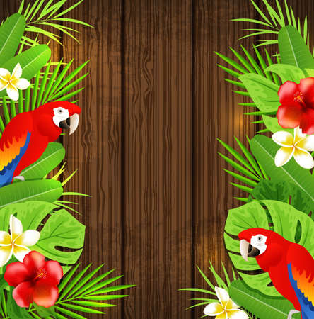 Tropical flowers, green palm leaves and red parrots on a wooden backgroundのイラスト素材