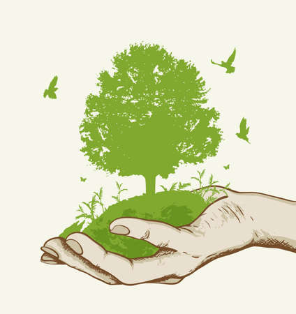Green tree and birds in the hand. Ecology concept.のイラスト素材