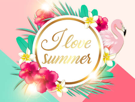 Abstract summer tropical background with green palm leaves, red flowers and pink flamingo. I love summer lettering.のイラスト素材