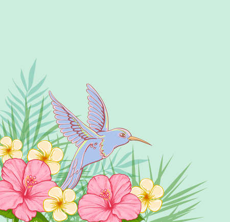 Tropical green with pink flowers and flying bird.のイラスト素材