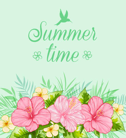 Tropical summer with green leaves and pink flowers.のイラスト素材