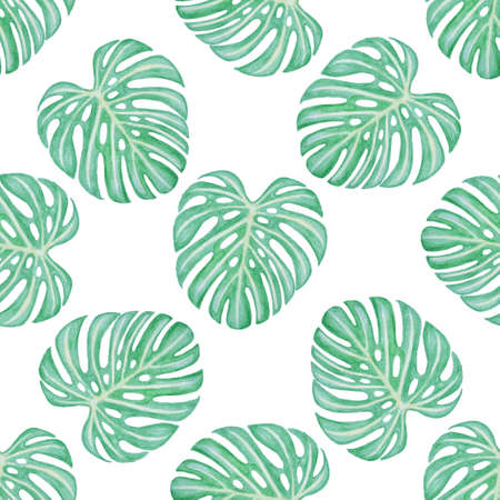 Summer watercolor seamless pattern with green tropical leavesの写真素材
