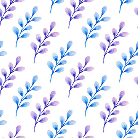 Decorative floral watercolor seamless pattern with blue branch on a white backgroundの写真素材