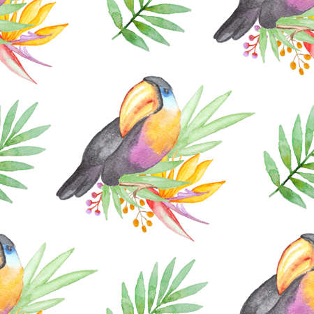 Watercolor seamless pattern with tropical flowers and toucan bird on a white backgroundの写真素材